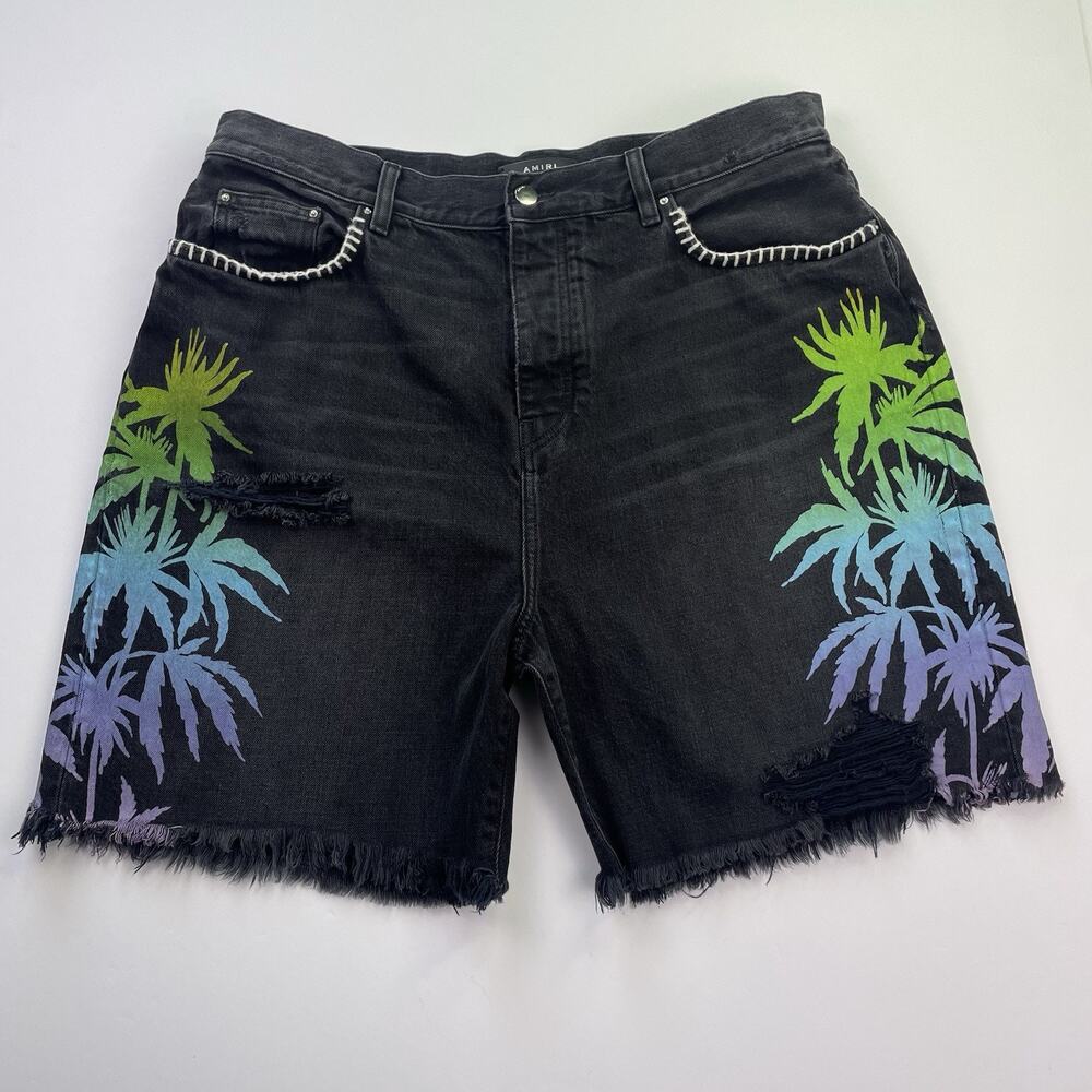 Amiri Jean Shorts Palm Trees Men’s Size 38 Black Denim Distressed